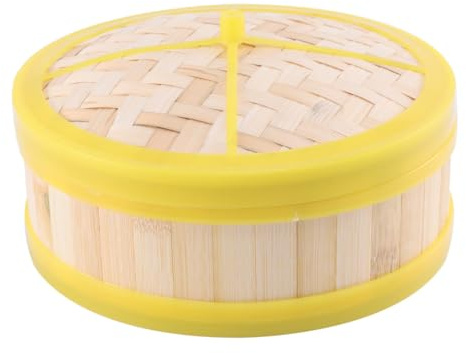 DOITOOL Vaporera de Bambú y Plástico Segura y Resistente Amarilla Nivel con Tapa 20 Cm para Cocinar Dim Sum y Bollos en Casa