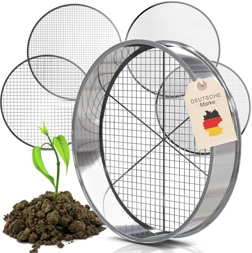 Tool Jungle- Gartensieb aus Edelstahl - inkl. 5 Siebeinsätze Ø 3,5,8,9,12mm – Kompostsieb Witterungsbeständig – mit zusätzlicher Querstrebe für mehr Halt
