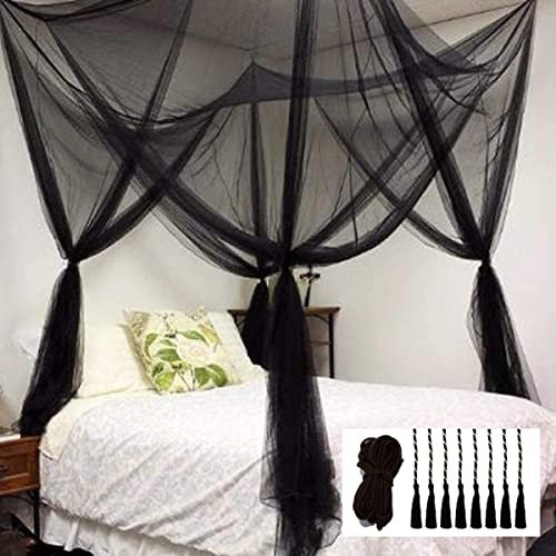 Moskitonetz für Bed Canopy, 4 Eckpfostenvorhänge Bed Canopy Elegantes Moskitonetz-Set, Stockhaken & Berufsseil für Netz, Screen Netting Canopy-Vorhänge, Full/Queen/King (Schwarz)