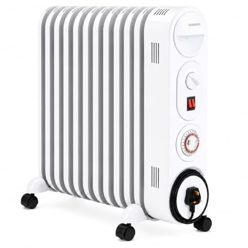 MYLEK Oil Filled Radiator Heater Electric, Portable 2.5KW White, Thermostat and 24hr Repeat Timer, 3 Heat Settings, Unique Safe Panel Fin Design (2500W White)