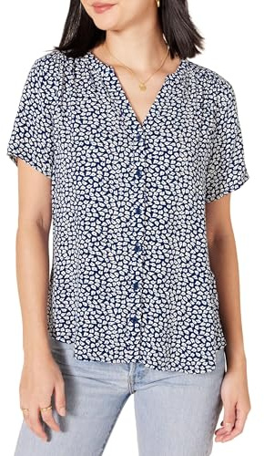 Amazon Essentials Women's Relaxed-Fit Short-Sleeved Woven Blouse, Blue White Petal, M