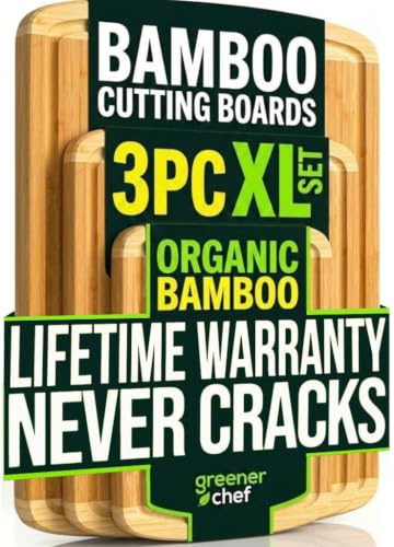 Greener Chef Luxury XL Bamboo Cutting Board Set of 3 with Vertical Grain Strength Technology - Extra Large Wood Cutting Boards for Kitchen and Lightweight Chopping Board Set - Replacements for Life