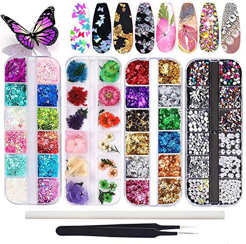 Kalolary Nail Dried Flowers, Schmetterling Pailletten Nagellack | Nagelaufkleber aus Aluminiumfolie, Nail Art Strass mit Pinzette Nail Art Strass Picker Pencil, für 3D Nail Art Design DIY
