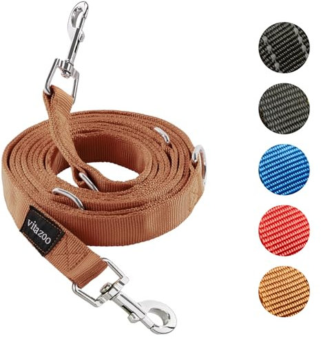 vitazoo Hundeleine - 3mx2,5cm - Nylon-Graphit Leine mit Karabinern für Kleine, Mittelgroße und Große Hunde - Verstellbare Führleine mit 4 Verschiedenen Längen in Braun für Ihren Hund