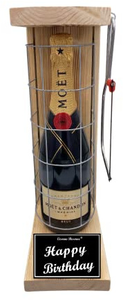Moet Geschenkverpackung Geschenkset Geburtstag Mann und Frau - Moet Eiserne Reserve Gitterkäfig incl. Notsäge Text s/w Happy Birthday Champagner (1 x 0.75 l)