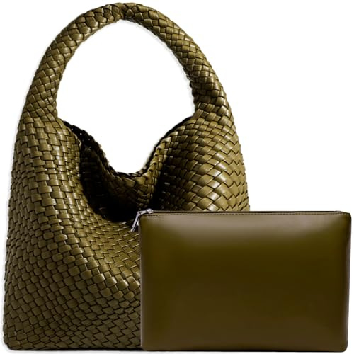 JINMANXUE Damen-Handtasche aus veganem Leder, handgewebt, modische Schultertasche, Top-Griff, Unterarmtasche mit Geldbörse, Olivgrün, Large