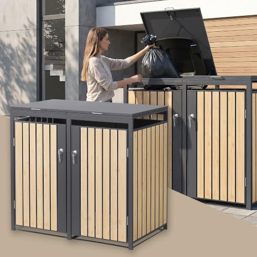 ML-Design Copribidone per 2 Bidoni di Spazzatura, Doppio Contenitore, Pattumiera, Cassonetti Rifiuti 240 L, 132 x 80 x 120 cm Box in Acciaio Antracite/Effetto Larice con Coperchio Ribaltabile 2 Porte
