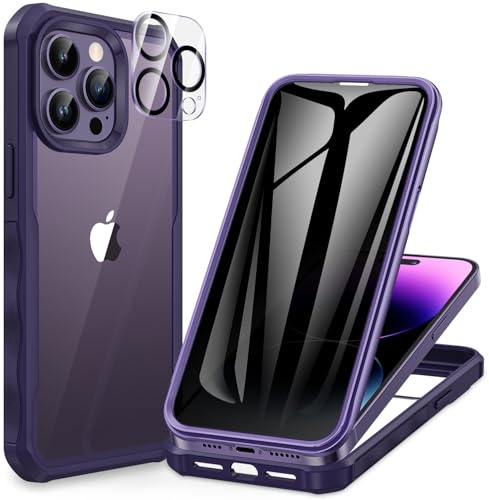 CENHUFO Sichtschutz Hülle für iPhone 14 Pro, 360 Grad Handyhülle Schutzhülle mit Eingebautem Privacy Panzerglas Displayschutz und Kameraschutz Stoßfest Panzerhülle Anti Spy Cover Case -Deep Purple