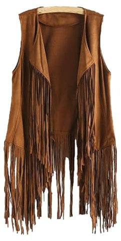 Reoyloep - Chaleco hippie para mujer sin mangas con flecos de piel sintética vintage con borlas cárdigan, color caqui, m