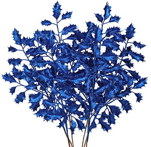 6PCS Kunstzweig Weihnachtsdeko Kunstpflanze Weihnachtsblätter Zweig Glitzernde Eichenblätter Dekozweig mit Glitzern, Länge 58CM