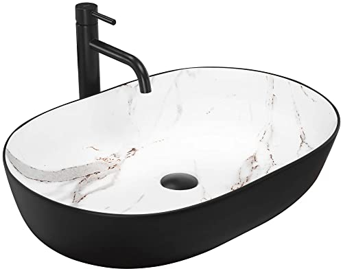 Rea Lavabo da appoggio in ceramica CLEO BLACK AIAX MATT Lavandino bagno 410 x 605 x 140 mm in Ceramica (Nero, imitazione pietra)