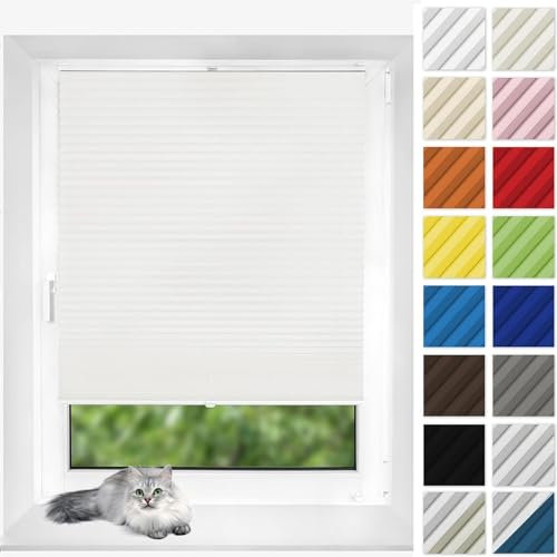 Klemmfix Plissee Ohne Bohren 115 x 120 cm Blickdicht Sichtschutz Sonnenschutz Plisee Rollo Ohne Bohren Klemmfix, mit Montagezubehör, für Schlafzimmer Badezimmer, Weiß