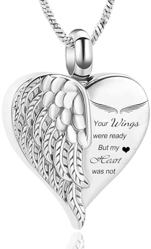 Kärlek hjärta urna halsband för aska Keepsake memorial kremering smycken rostfritt stål änglavingar hjärta urna medaljong aska hållare memorial urna smycke för människa/husdjur aska, 55 cm, Rostfritt