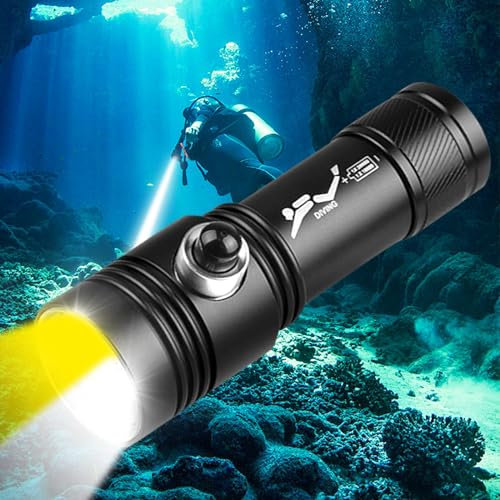 Linterna de buceo recargable, linterna de buceo de 20000 lúmenes altos con luz LED blanca y amarilla, luz de buceo impermeable IPX8 para cueva de mar profundo bajo el agua