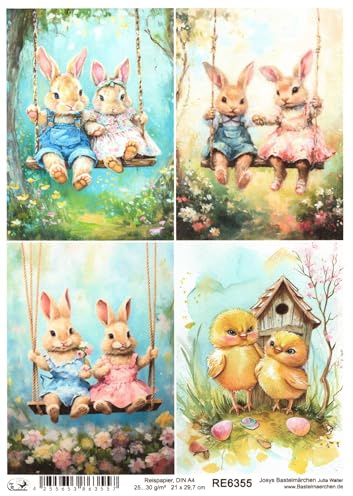 Josys Bastelmärchen Reispapier A4 Strohseide Decoupage Ostern Süße Hasen auf Schaukel RE6355
