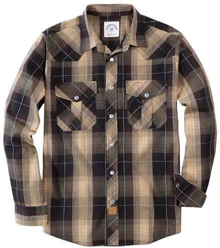 Dubinik® Camicia Uomo Quadri Bottoni Vintage Casual con Bottoni Automatici Western Cowboy Regular Fit Cachi Marrone M