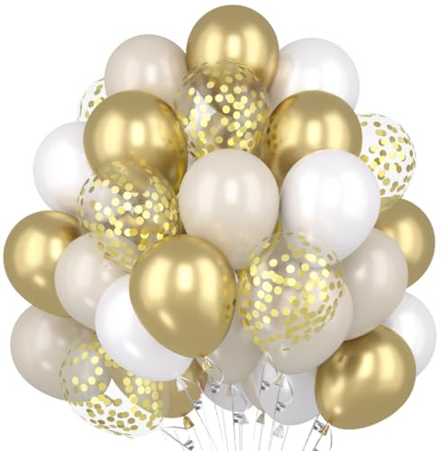 Luftballons Gold Weiß, 60 Stück Weiß Beige Gold Latexballons mit Gold Konfetti Ballons, Weißsand Metallic Luftballons für Geburtstag Jubiläumsfeiern und Boho Babyparty Hochzeit JGA Party Deko