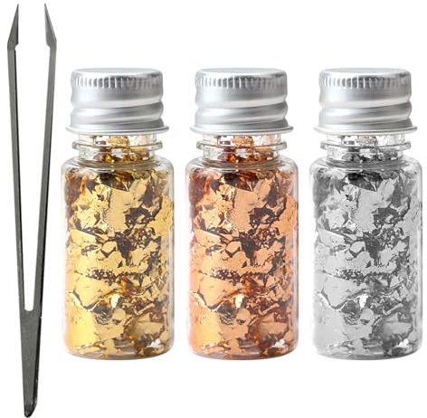 Essbares Goldfolie Set - Gold, Silber, Roségold - 3 Flaschen für Kuchen, Desserts, Getränke, Nägel und Dekoration - Hochwertiges Metallic-Flocken Papier für eine Hauch von Luxus