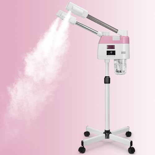 Professional Facial Steamer,2 in 1 Facial Steamers with Hot&Cool Mist, Height Adjustable Face Steamer, Pink Esthetician Steamer for Home Salon Spa