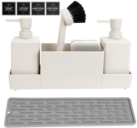 CAUTIOUS 350ML Spülbecken Organizer mit Bürste, Seifenspender Spülschwamm Küche Spülmittelspender Set aus Kunststoff, Spülorganizer mit Zwei Seifenspender, Küchengadget Organizer (weiß)