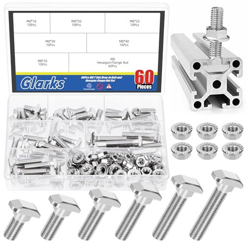 Glarks 120pcs M8 T Slot Drop-in Bolt with Hexagon Flange Nut Set, 16/20/25/30/35/40MM Hammer Head T-Bolt, T Shape Stud Sliding Screw, T Screw Stud for European Standard 40 Series Aluminum Profile