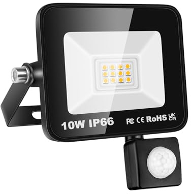SKYWORLD Focos LED Exterior,10W Foco Proyector LED Floodlight con Sensor de Movimiento 1 pieza,Blanco Cálido Proyector Led Exterior Luz de Seguridad para Jardín Garaje Patio Terraza Hotel Campo