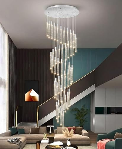CNMKLM Led-Dimmbarer Kronleuchter,Silber Blasen Kristall Lampe,400 CM HöHenverstellbarer Wohnzimmer Pendelleuchte, Hängeleuchte FüR Foyer,Eingang,Villa Treppenhaus,40 Lichter Pendellampe