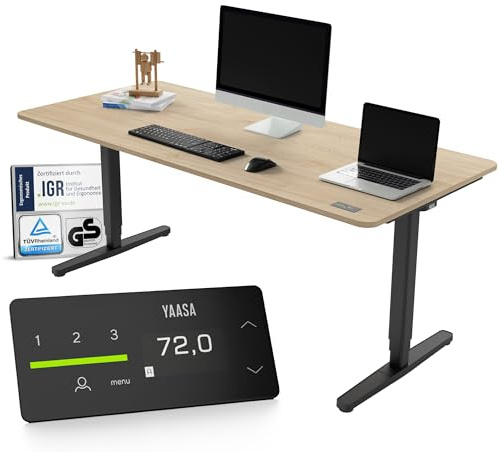 Yaasa Desk Pro 180x80cm, Schreibtisch höhenverstellbar für Büro Homeoffice | Abgerundete Tischplatte mit integriertem ErgoTouch-Handschalter: 9 Memory-Positionen, Automatikfahrt, Schreibtisch für Büro