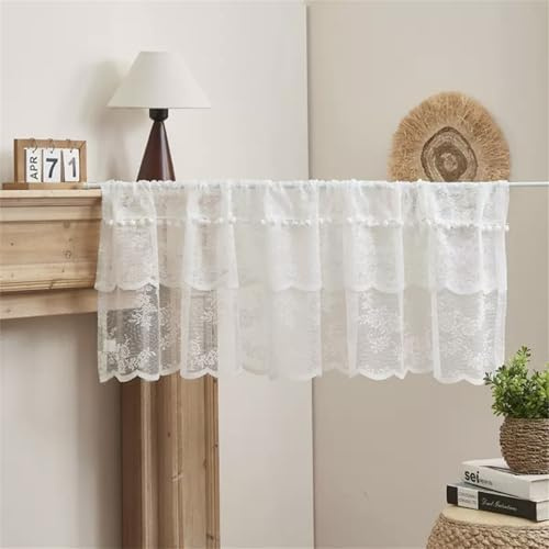 Scheibengardinen Modern, Bistrogardine Weiße Spitze Halbe Gardinen Fenster, Weihnachtsgardinen Bistro Transparent, Scheibengardinen Landhausstil Kurz Für Küche Mit Fellkugel (BxH 145x45 cm)