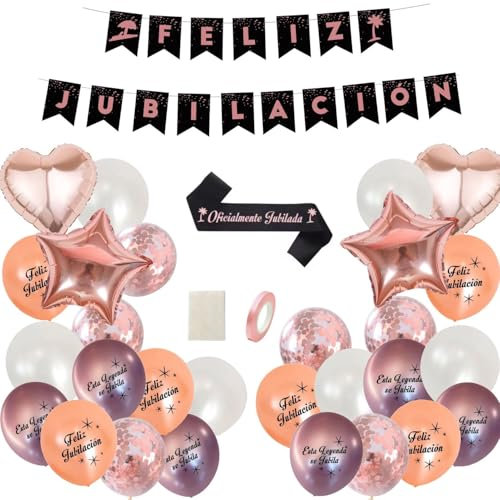IM®️ Set de Decoración para Jubilación (Guirnalda+24 Globos Látex+4 Globos Foil+1 Banda ) | Perfecto para Photocall | Pancarta Jubilación | Globos Feliz Jubilación | Fiesta Jubilada