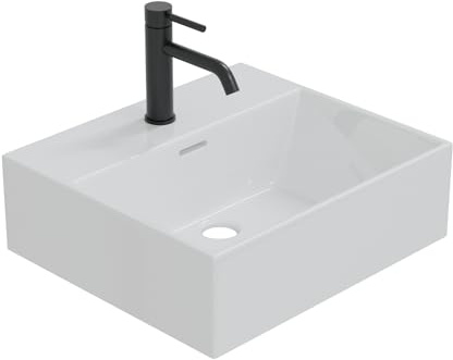 HAGO24 | Waschbecken Keramik 415x360x130mm | eckig | Überlauf | Wandmontage | Aufsatzwaschbecken | weiß | Standardanschluss | pflegeleicht | schmaler Rand