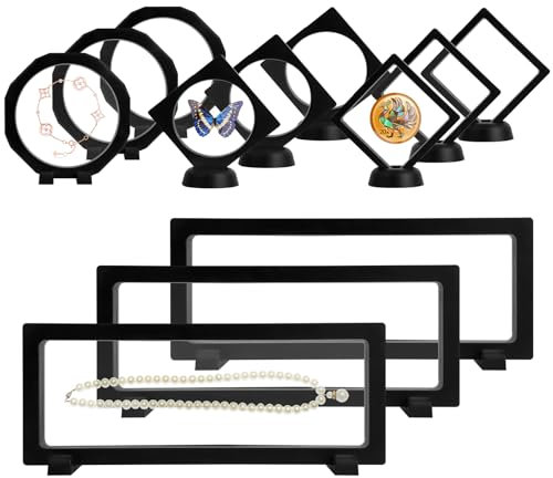 QUMENEY Münzvitrine für 12 Stück 3D transparent schwebender Präsentationshalter Rahmen Schmuckaufbewahrungsbox Ständer mit Sockel für Halsketten Armbänder Proben Muscheln Briefmarken (schwarz)