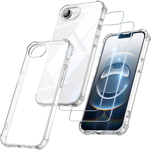 FLLAO 3 en 1 Funda para iPhone 16e con 2 Protector Pantalla, [Almohadilla de Aire Integrada] Antigolpes Antiarañazos Carcasa para iPhone 16e 6,1 Pulgadas, Transparente