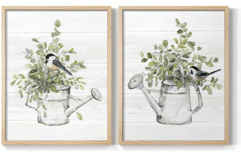 Renditions Gallery Set of 2 Peel & Stick Framed Prints, Garden Wall Art, Vintage Watering Can with Bird Wall Decor, Re-Stickable - Ready to Hang - 22x28 - NATURAL WOOD Frame LT590