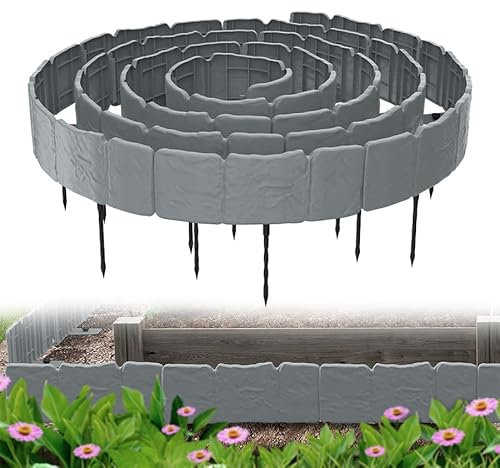 Aufun 40 Stück Rasenkante Beeteinfassung in Steinoptik mit 40 Erdanker, 10 m Beetumrandung Mähkante Randsteine aus Kunststoff, Gartenpalisade Gartenzaun für Garten Border Blumenbeet, Grau