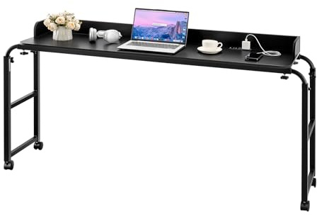VEVOR Überbetttisch mobiler Betttisch mit 4 Rollen (2 mit Bremsen) und Steckdose, höhenverstellbarer Laptop-Rolltisch, Tragbarer Spanplatten-Überbetttisch für Zuhause Büro, Arbeitszimmer, Schwarz