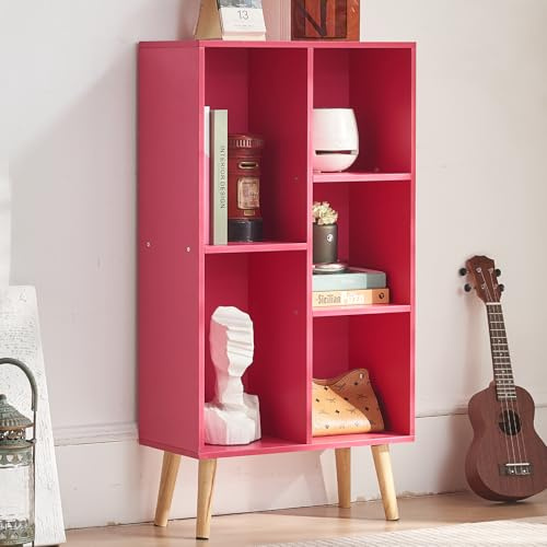 LELELINKY Würfel Bücherregal 3 Etagen Mid-Century Bücherregale mit Beinen,mit 5 Fächern,Holzbücherregale Organizer Aufbewahrungsregal,Freistehende Moderne offene buchregal für Bücherzimmer,rosa