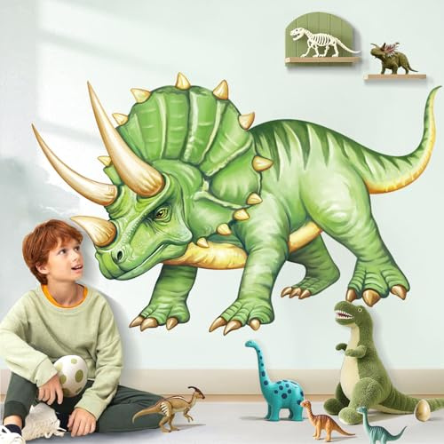decalmile Wandsticker Großer Dinosaurier Kinder Wandtattoo Grün Triceratops | Abziehbare und Aufklebbare Wandaufkleber, DIY Abnehmbare Wandkunst Abziehbilder, Wandfreundlich, Leuchtenden Farben