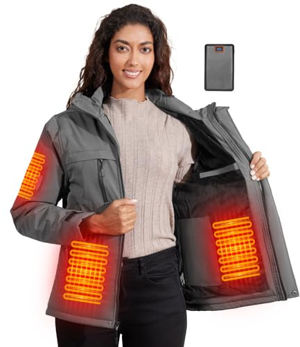 Giubbotto Riscaldato Donna in Fleece con Cappuccio, Impermeabile e Antivento, 6 Zone di Riscaldamento, Batteria 20000mAh, 3 Livelli Temperatura, Giacca Riscaldata per Sci, Snowboard, Campeggio