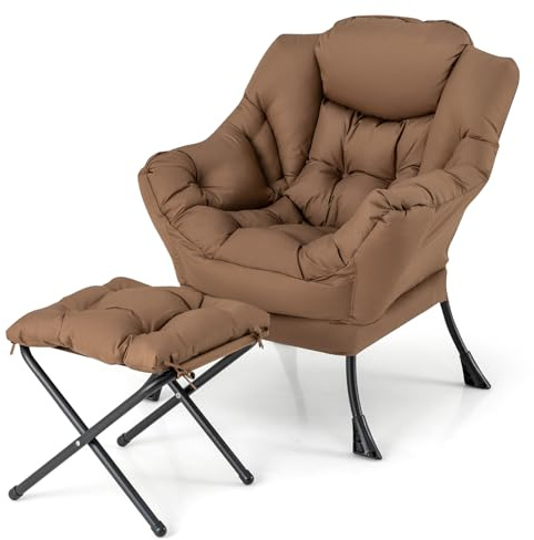 FANTASK Ohrensessel mit Hocker, Relaxsessel gepolstert mit Armlehnen, Seitentasche & Fußstütze, Loungesessel bis 150 kg für Wohnzimmer, Schlafzimmer, Büro (Braun)