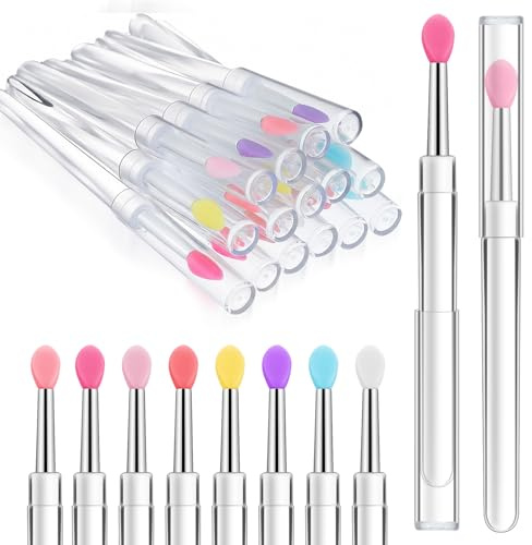 Guduling 16 Pcs Lip Balm Applicator,Silicone Lip Brushes,Silicone Lips Applicator with Cap,Transparent Handles,Beauty Tool Kits for Lipstick Gloss Balm Eyeshadow(8 Color)