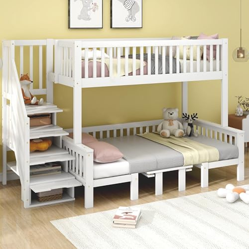 Aceinheu Etagenbett für Kinder 90x200 & 120x200cm mit Schreibtisch & Stauraumtreppe, Multifunktionales Hochbett aus Holz, Kinderbett mit Rausfallschutz & Lattenrost, Jugendbett in Weiß (Stil B)