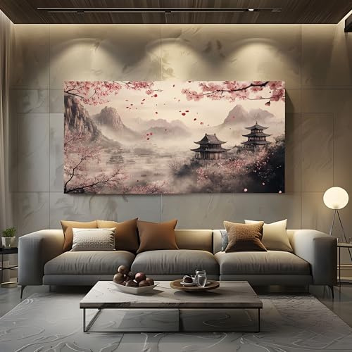 ZORYAN Moderne Wandbilder Japanische Kirschblüten Bilder XXL für Wohnzimmer | Deko Orientalisch Pagode Großes Leinwandbild für Schlafzimmer Tuschmalerei Berg Kunstdruck auf Leinwand 80x160 cm