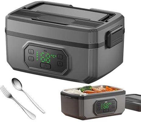Fiambrera eléctrica con batería de 24.000 mAh – 1,6 L recipiente interior de acero inox 304, carga rápida de 18 W, tenedor y cuchara incluidos – Ideal para camping, obra y actividades al aire libre