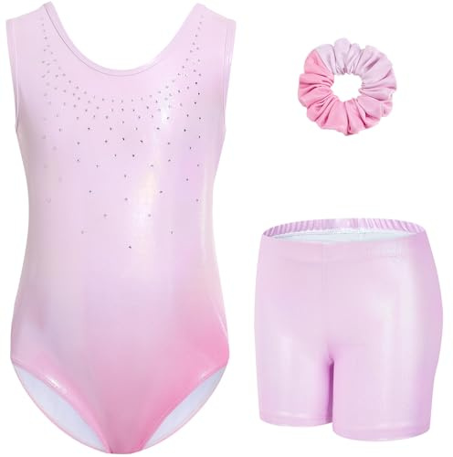 Gogokids Body da ginnastica per ragazze, con strass scintillanti, tute da danza, con pantaloncini, abbigliamento sportivo, Sfumatura rosa-b, 6-7 anni