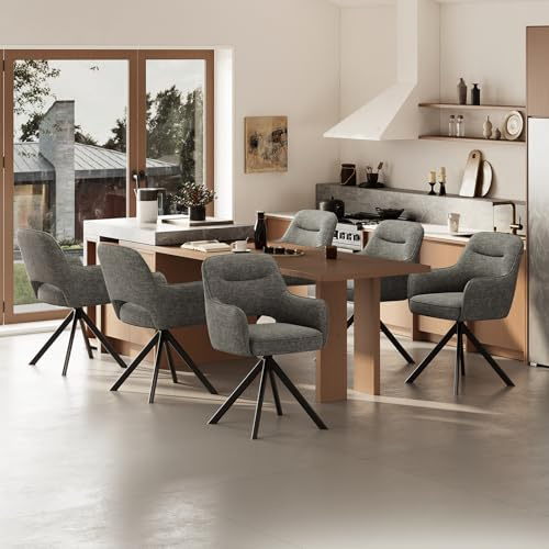 COLAMY Drehbare Esszimmerstühle 6er Set mit Armlehnen, Drehbare Polsterstühle für Küche & Esszimmer aus weichem Florstoff mit Metallgestell und Rückenlehne, für Esszimmer, Küche, Büro,Grau