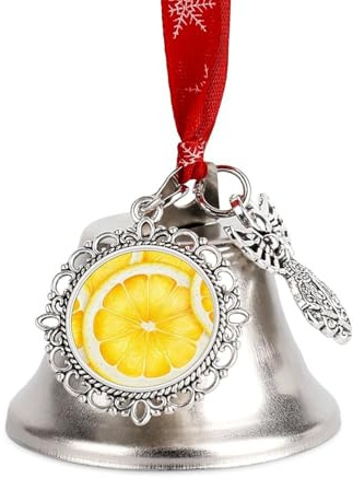Lemon Slice Pattern Christmas Bells Ornaments Sleigh Jingle Bells with Angel Wings Pendant and Hanging Rope, DIY Hanging Ornaments for Xmas Tree Wreath Holiday Crafts Home Decoration, Silver