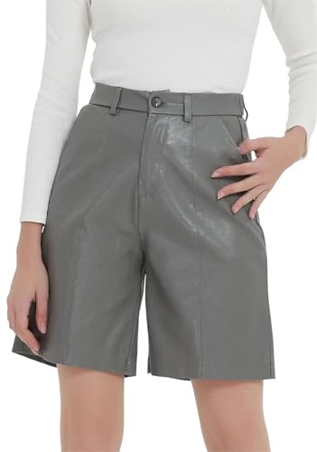 Women Elastic Waist Knee Length Leather Shorts High Waist Shorts Wide Leg Half Trousers Gray XXL