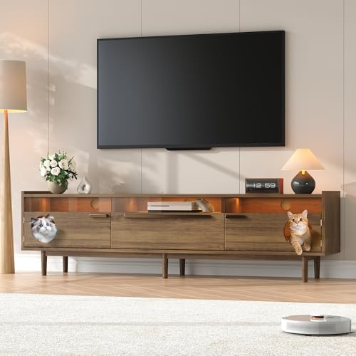 QXJVA Mueble bajo para TV de 180 cm, aspecto de nogal, armario de televisión con iluminación LED, puertas de cristal, diseño vintage, aparador de hasta 70 pulgadas, para salón