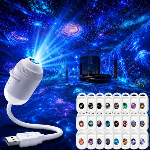 HD Smart Dynamic 5d Holographic Night Light Projector - 24 in 1 USB Sternenhimmel Projektor Lampe, Um 360° Verstellbar Galaxy Projector, for Bedroom Ceiling Car Roof，Mit 24 Filmen